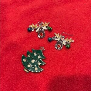 Festive Reindeer Earrings and Vintage Christmas Tree Brooch